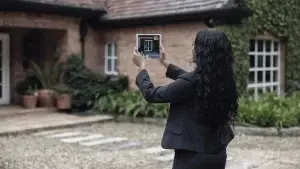 Persona usando una tablet para realizar un tour virtual de una casa.